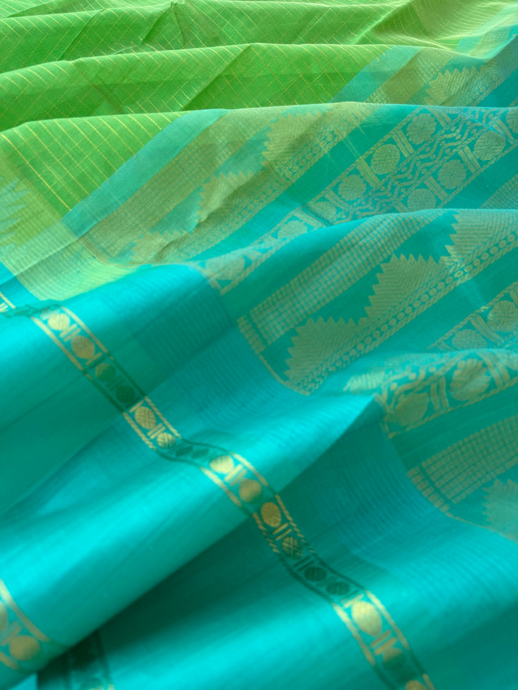 Korvai Silk Cotton - pale green and blue zari kattam