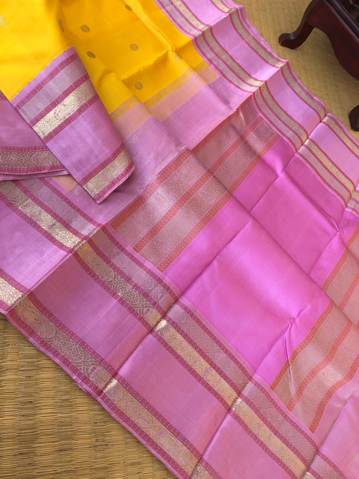 Meenakshi Kalayanam - Authentic Korvai Kanchivarams - gorgeous golden yellow and dusky pink