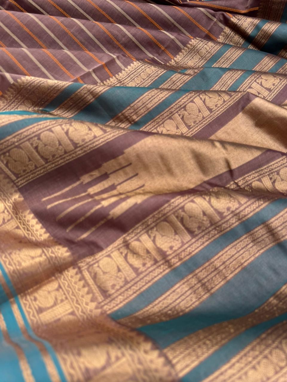 Woven Motifs Silk Cotton - chocolate grey velvet with dusk teal borders