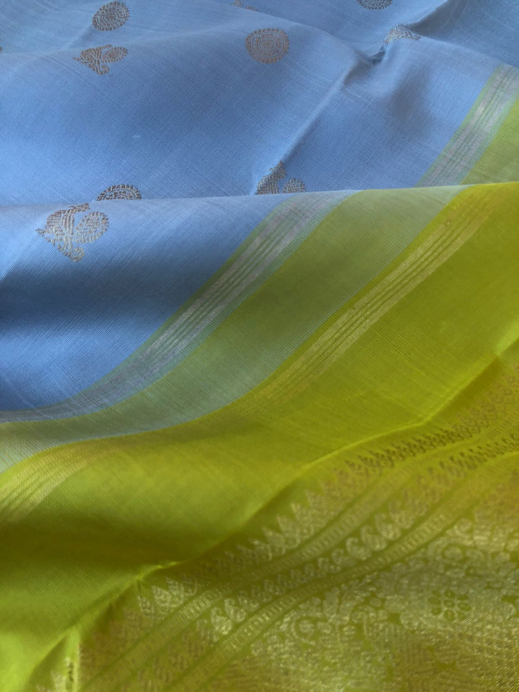 Meenakshi Kalayanam - Authentic Korvai Kanchivarams - such a stunning unusual bluish grey and olive green