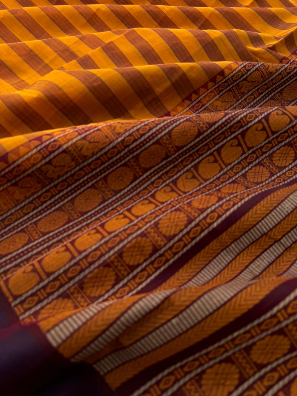 Mangalavastaram - mustard and rust horizontally woven strips