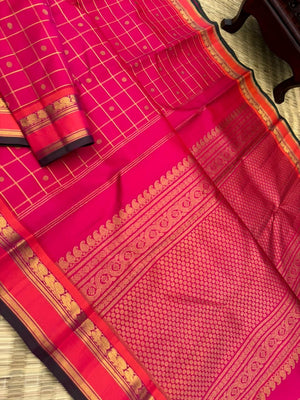 Vintage Ragas on Kanchivaram - a traditional pink with kattam and buttas body with annapakshi woven borders