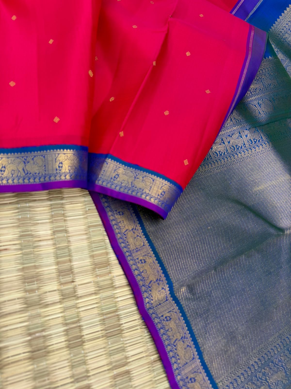 Kamakshi - Heirloom Korvai Kanchivaram - most beautiful red pink with peacock blue green pallu and blouse for people who love small borders