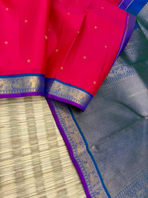 Kamakshi - Heirloom Korvai Kanchivaram - most beautiful red pink with peacock blue green pallu and blouse for people who love small borders