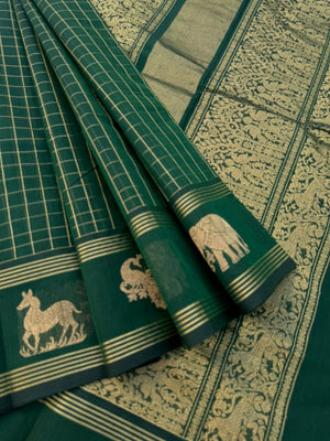 Zari Touched Mangalavastaram - deep green muthukattam with border woven buttas