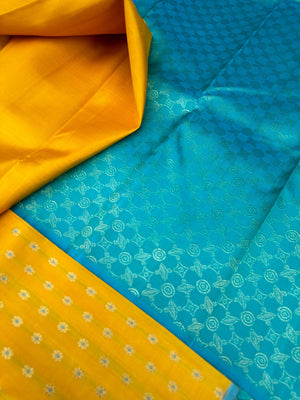 Mohaa - Beautiful Borderless Kanchivarams - stunning yellow and turquoise knee length meena buttas