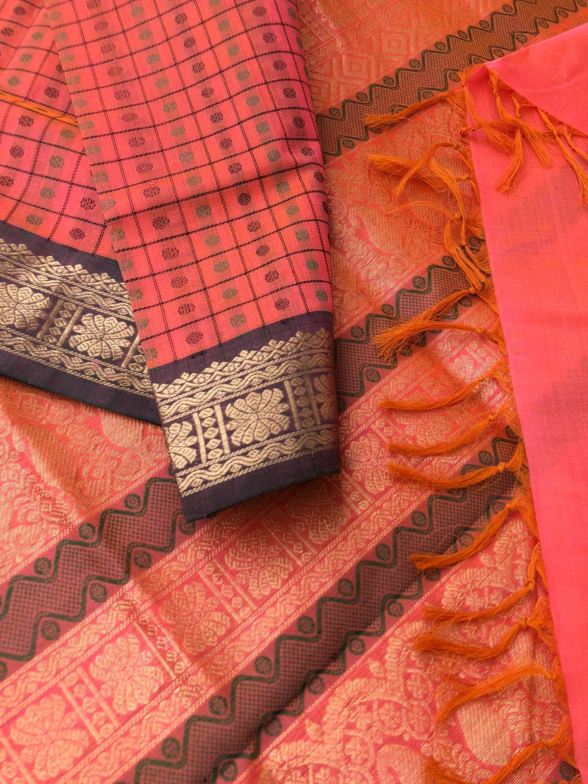 Woven Motifs Silk Cottons - stunning peach intricate Lakshadeepam