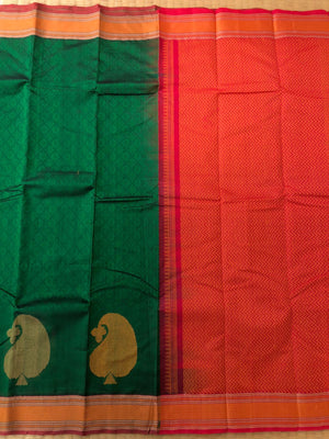 Woven Motifs Silk Cotton - Meenakshi green and red with paisley buttas
