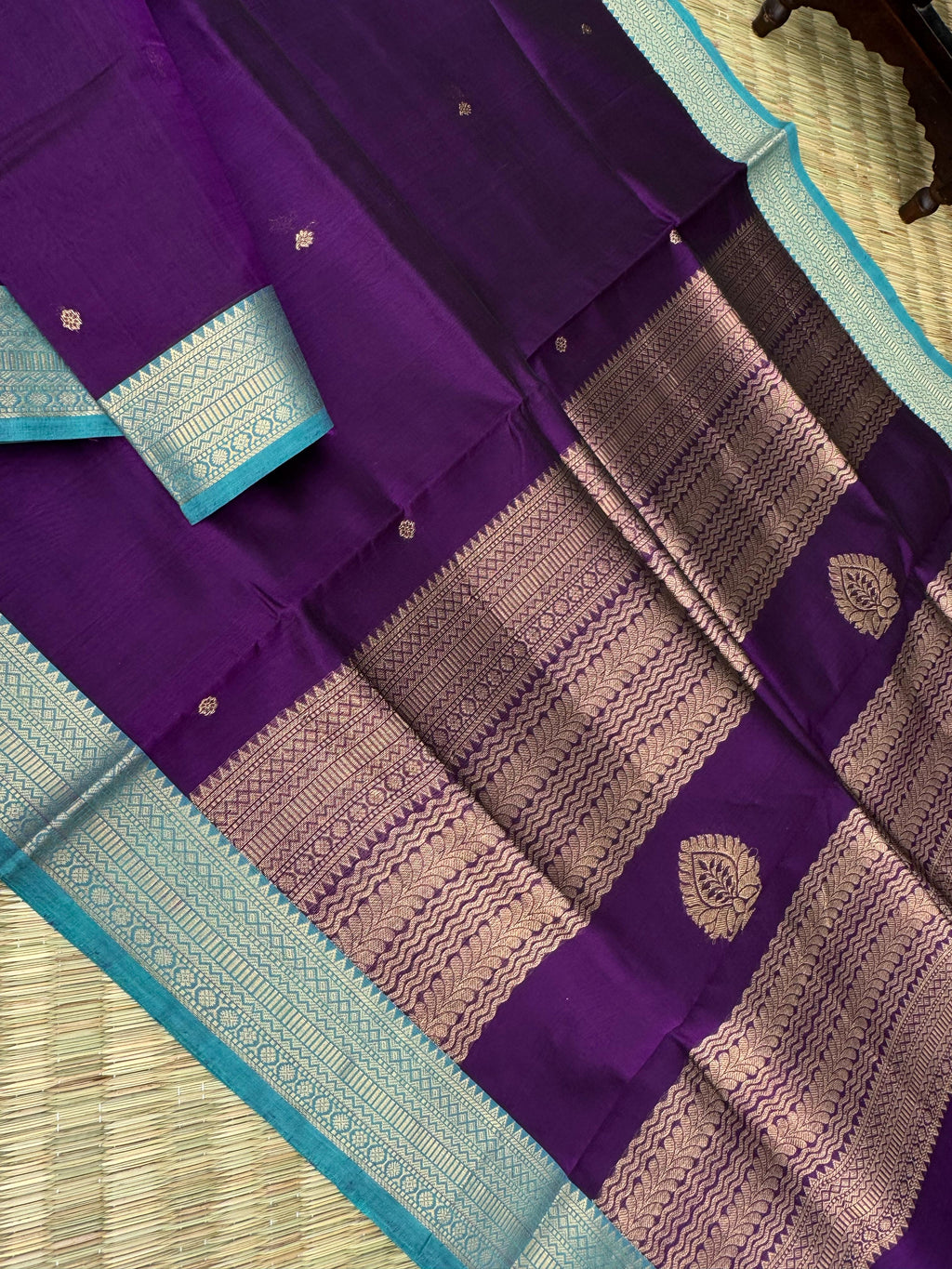 Zari Kissed Silk Cotton - brinjal purple ane teal borders