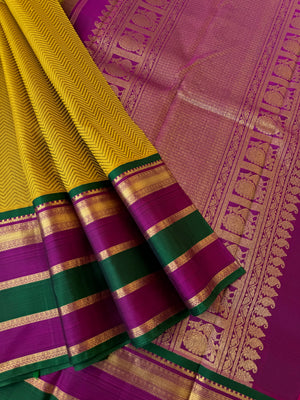Haritham - Heirloom Yarn Play on Kanchivaram - stunning golden mustard with chevron v pattern woven body