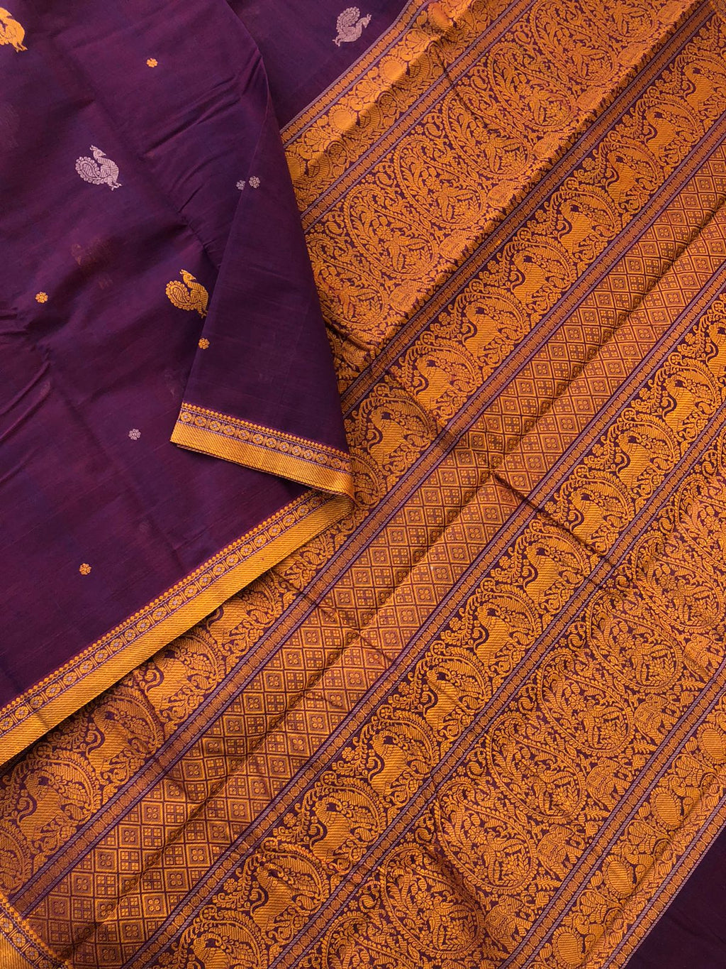 Mangalavastaram - deep maroon short purple long intricate woven pallu with small woven borders
