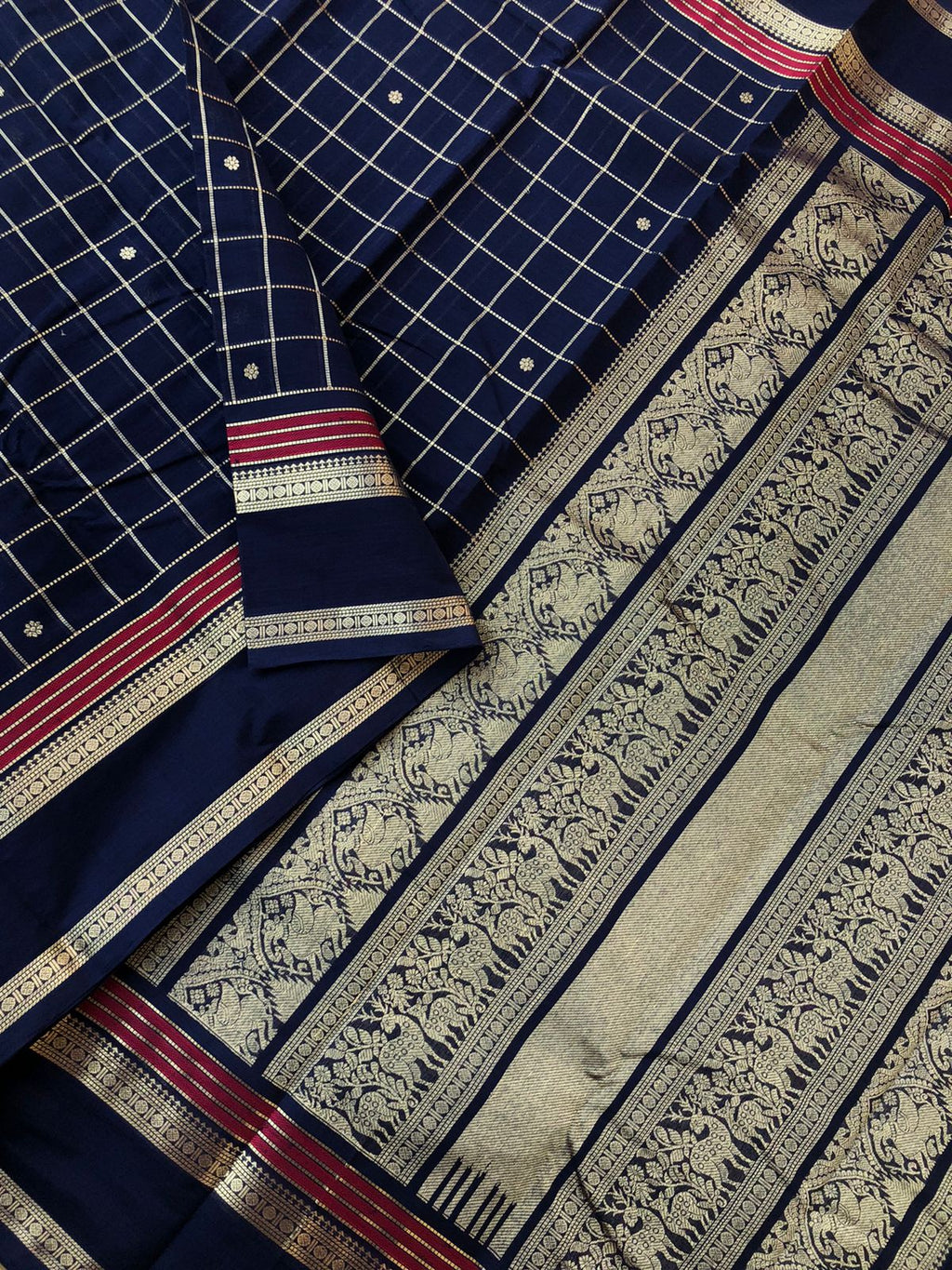 Mangalavastaram - Zari Touched - deep dark navy blue muthukattam with buttas woven body with most traditional borders