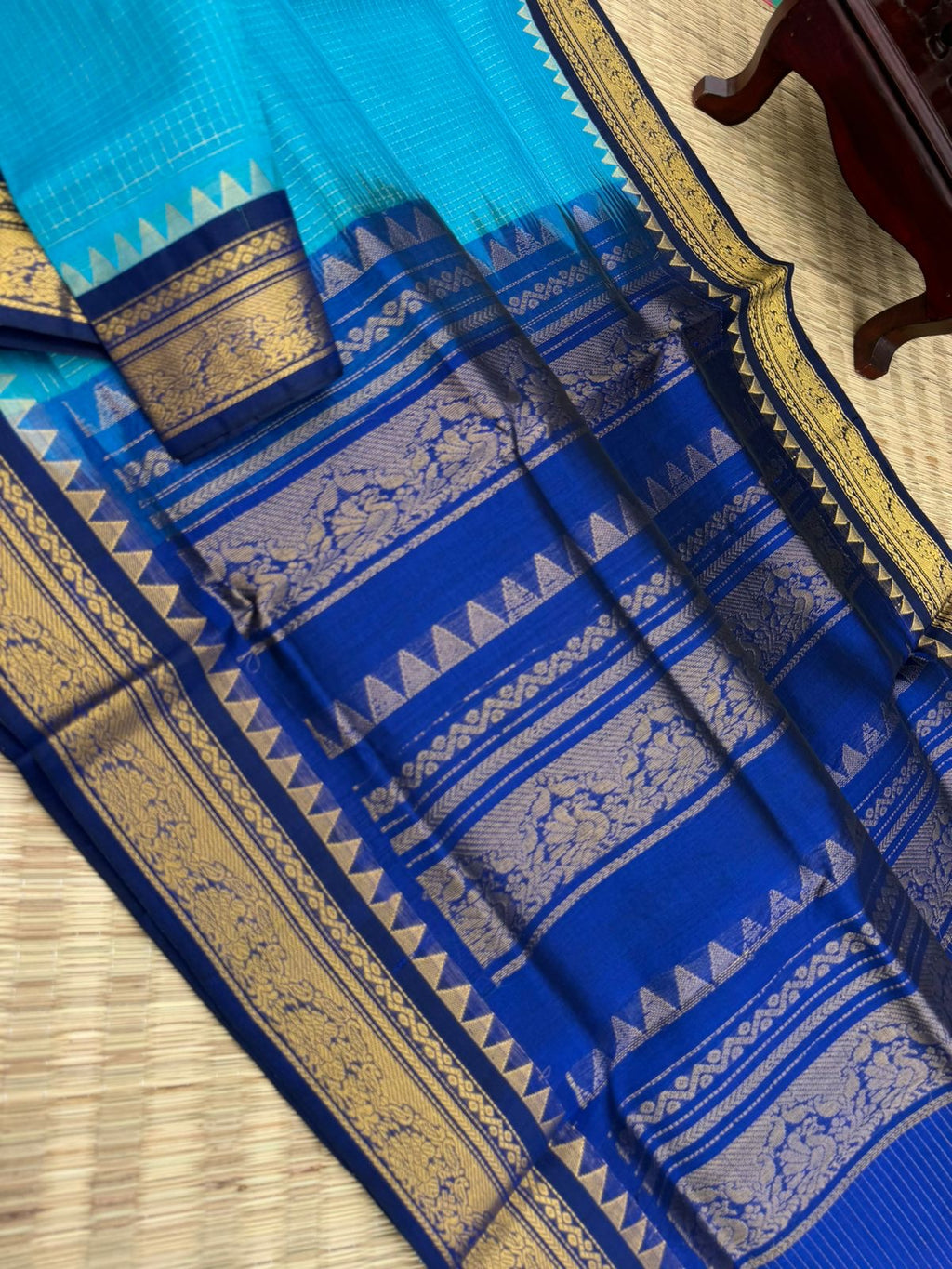 Korvai Silk Cottons -  blue on blue Zari kattam