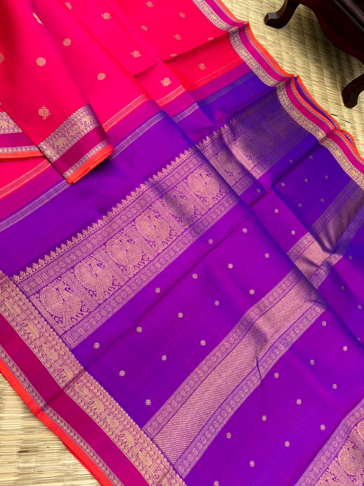 Visalakshi - a stunning pink and violet silk and zari woven borders