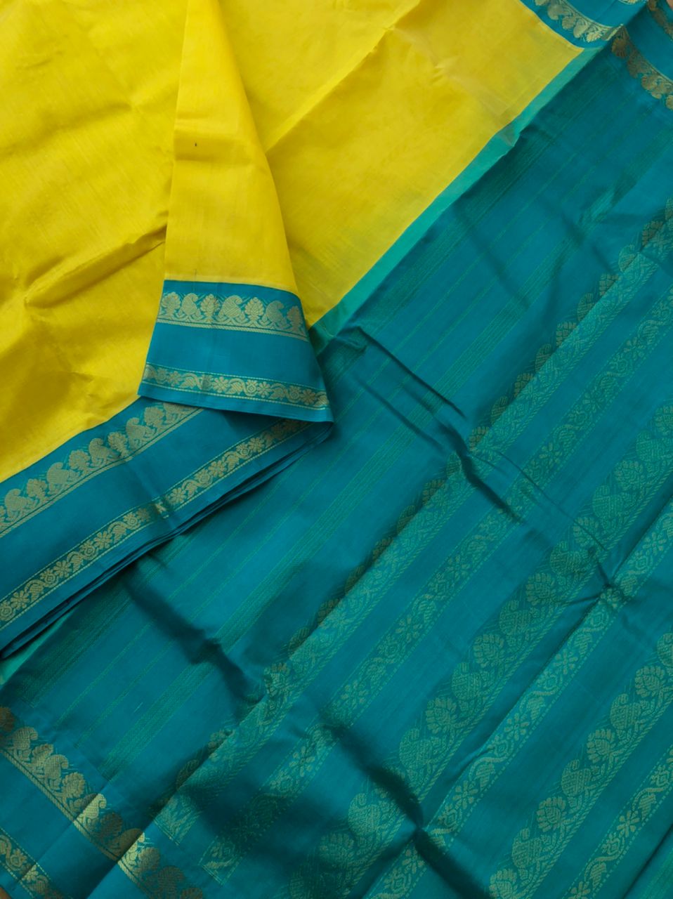 Korvai Silk Cottons - beautiful Sampanga yellow and rama blue