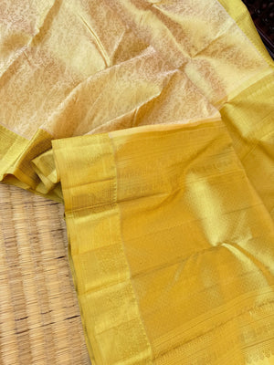Aandal - The grandeur Kanchivaram - gorgeous butter and gold tone full body end to end zari woven parrots body