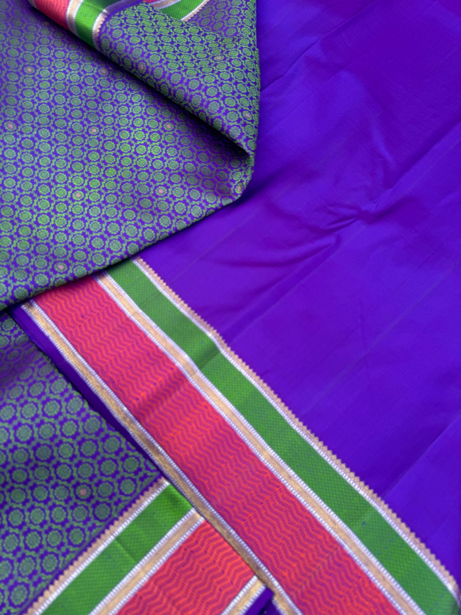 Haritham - Heirloom Yarn Play on Kanchivaram - stunning dual tone peacock violet green with full body rudurakasham weave