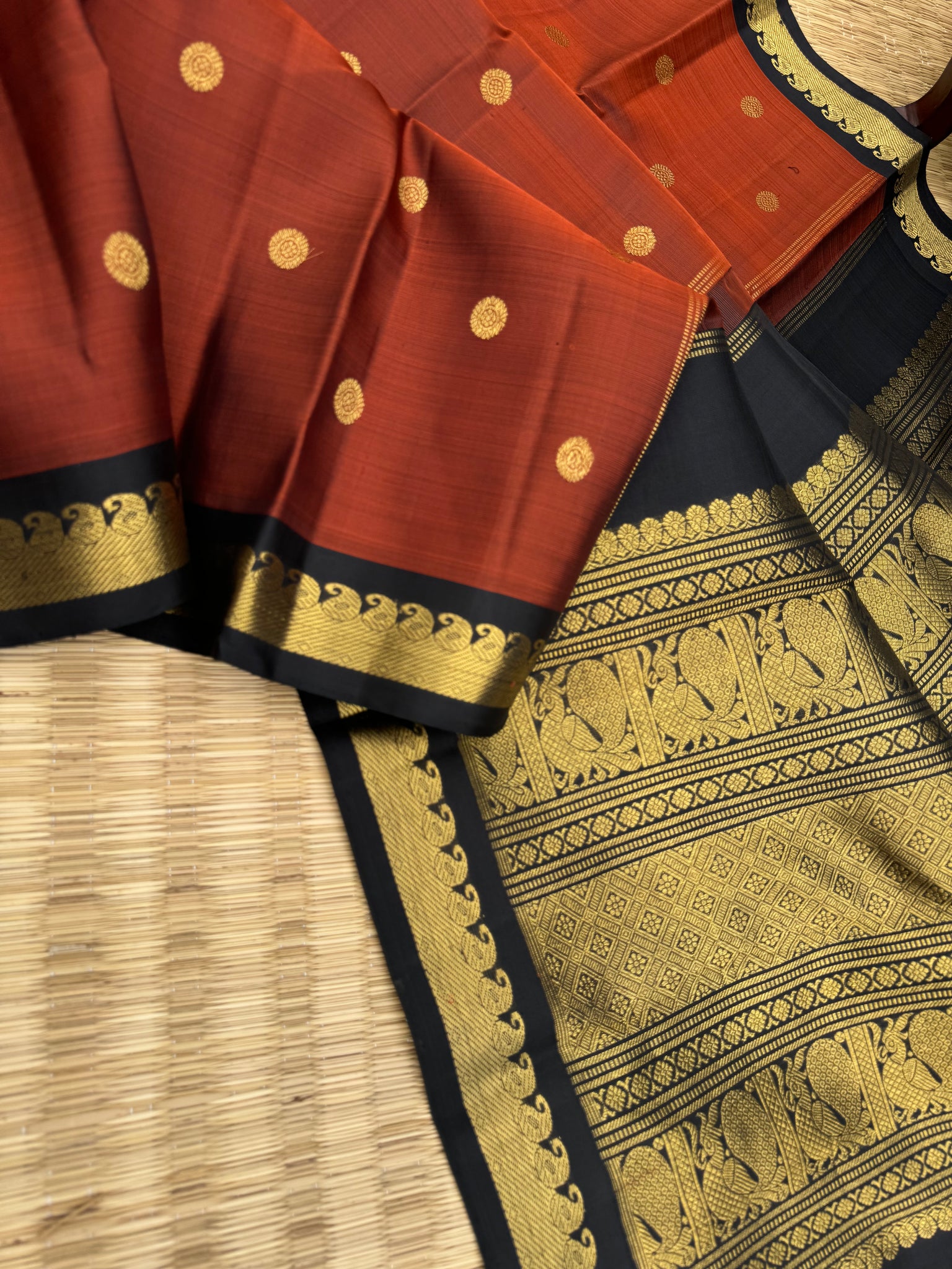 Leela - The bliss of small border Kanchivarams - most gorgeous rusty brown and black