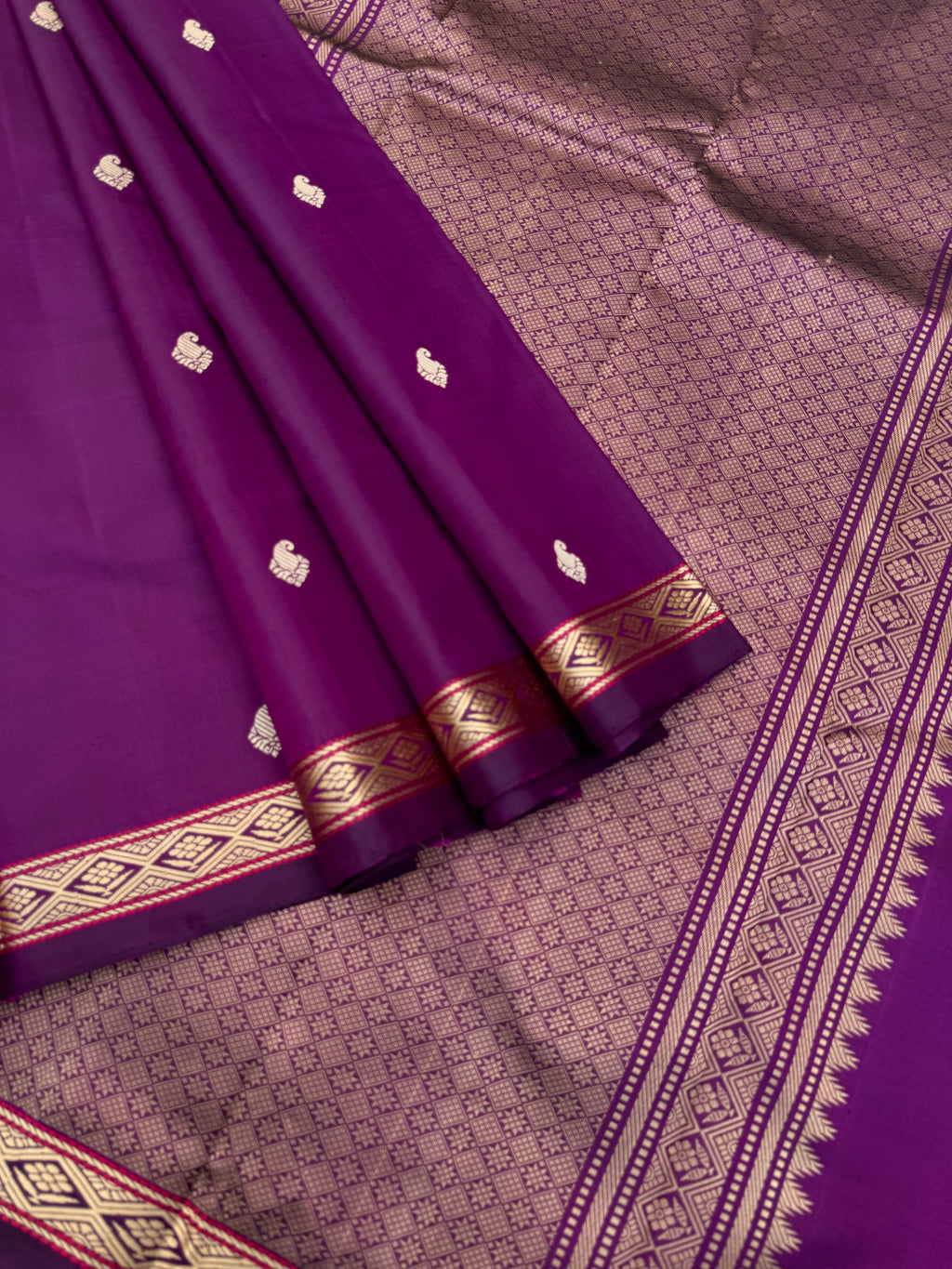 Woven from Memories - Stunning No Zari Kanchivarams - deep dark brinjal purple with vintage small borders Kanchivaram