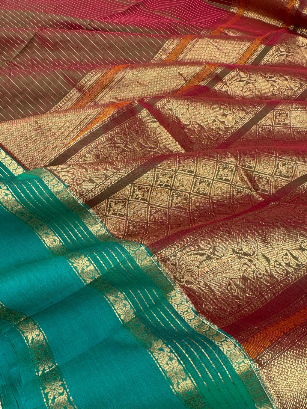 Zari Kissed Silk Cotton - maanthulir brown oosi stripes with teal borders