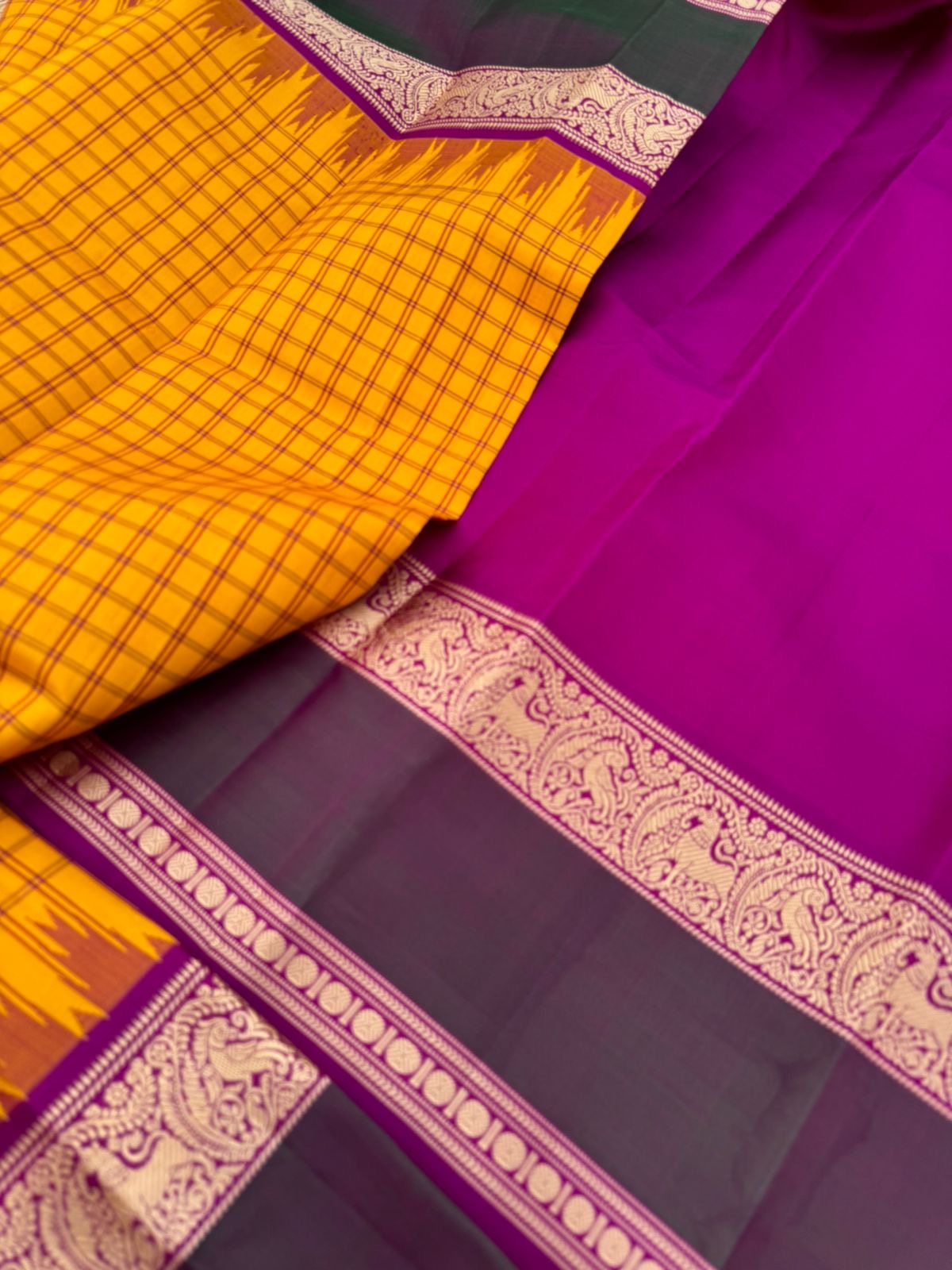 The Best of No Zari Korvai Kanchivaram - the traditional traditional mango yellow and majestic majenta yali woven borders