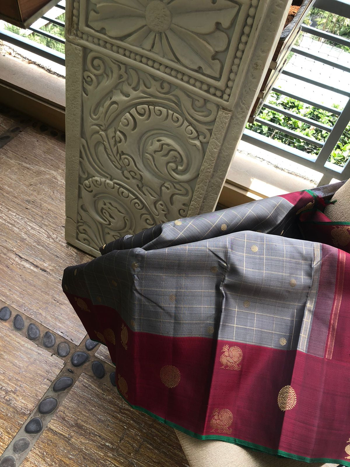 Darker Kanchivarams - unusual and rare find grey with a tint of elachi green chex buttas woven body with deepest maroon mayil chackaram borders