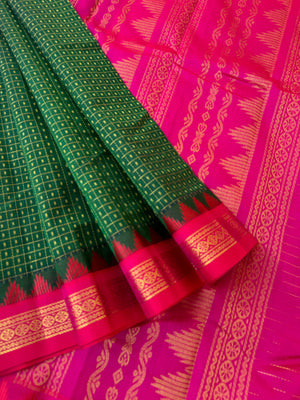 Korvai Silk Cotton - Meenakshi green and pink lakshadeepam