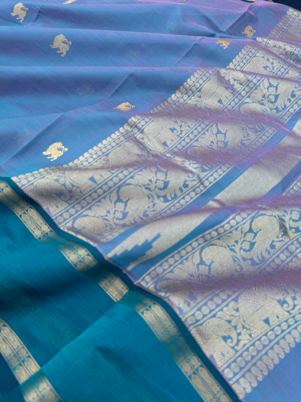 Zari Kissed Silk Cotton - a rose pink mixed powder blue retta pett