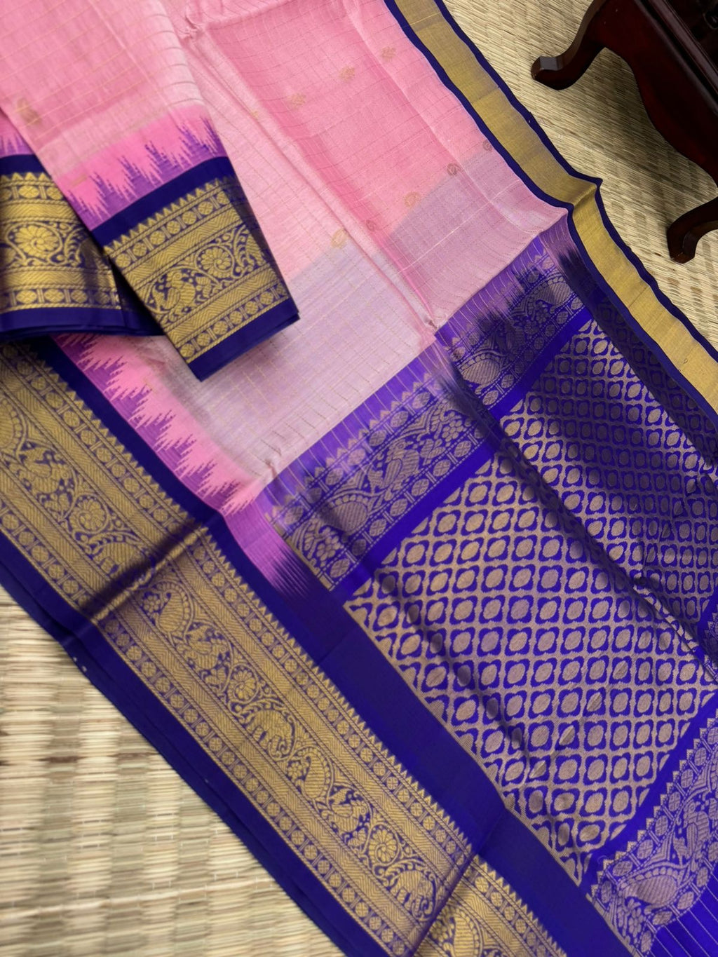 Korvai Silk Cottons - pastel baby pink and ink blue Zari kattam buttas