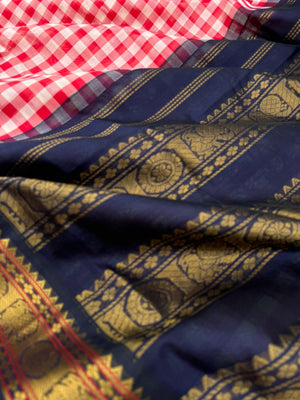 Korvai Silk Cottons - red and off white chex with navy blue pallu and blouse