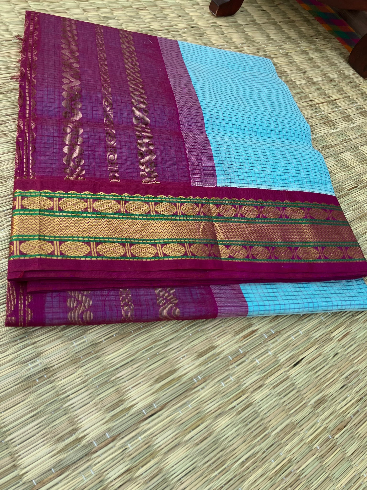 Korvai Silk Cotton - baby blue and majentha podi kattam