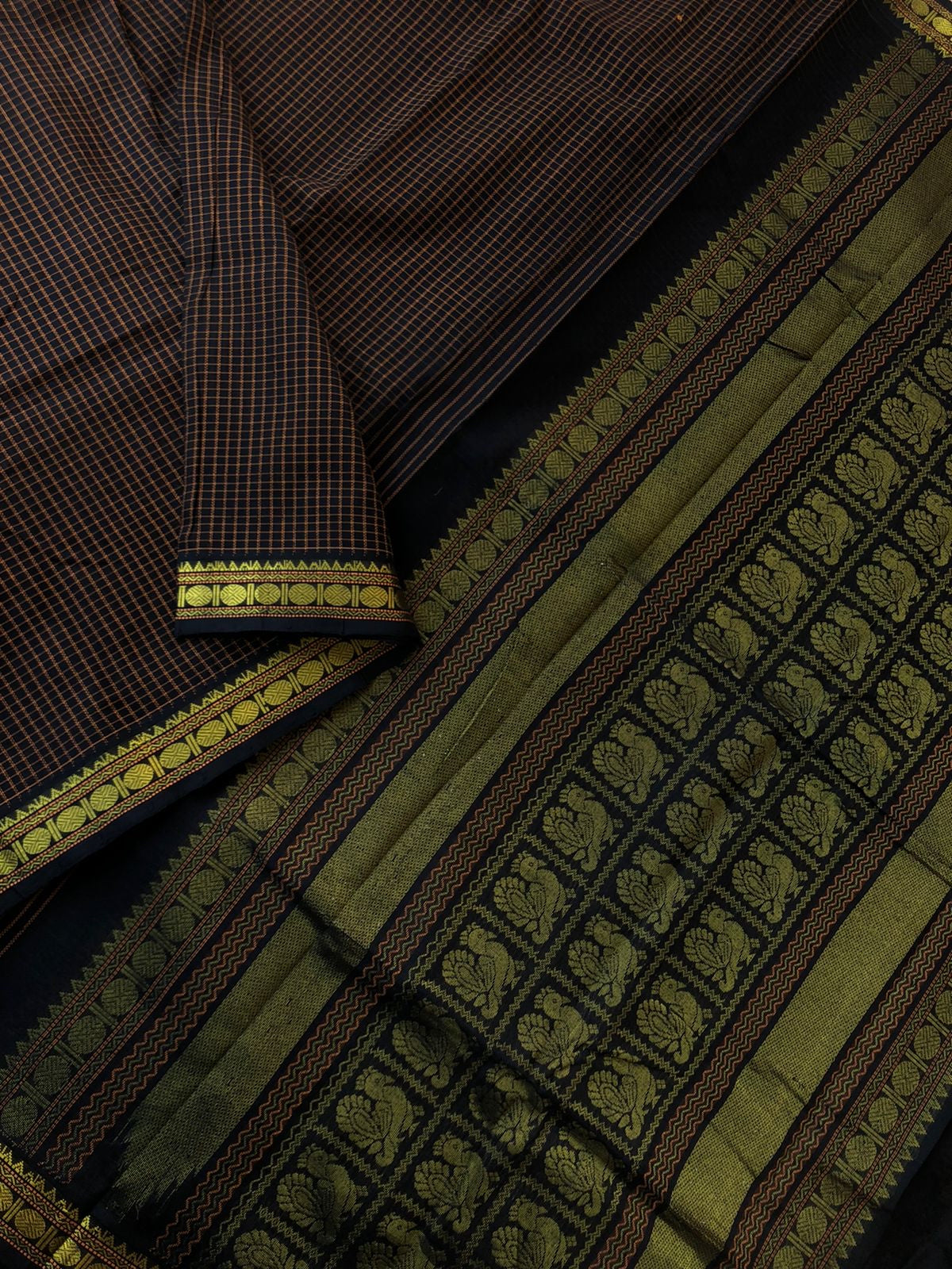 Woven Motifs Silk Cotton - deep black and gold podi kattam