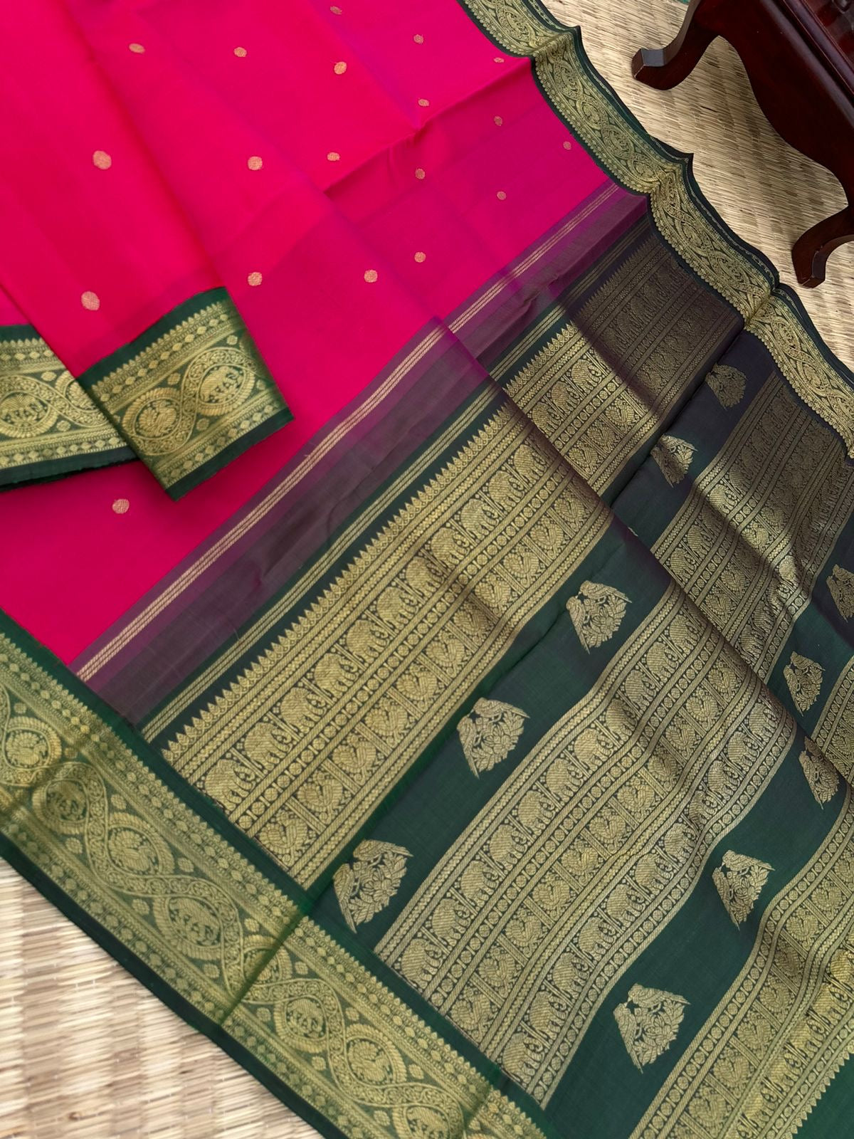 Meenakshi - Heirloom Korvai Kanchivaram - pink and Meenakshi green with elephant and annapakshi woven borders