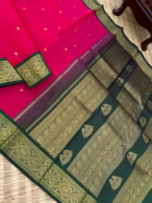 Meenakshi - Heirloom Korvai Kanchivaram - pink and Meenakshi green with elephant and annapakshi woven borders