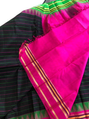 The Legacy of Korvai Kanchivaram - the most beautiful black veldhari body with ganga jammuna woven green and pink borders