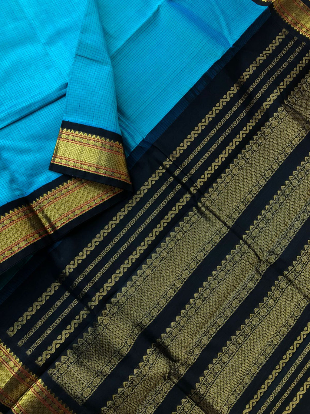 Kattams on Korvai Silk Cotton - blue and black podi kattam