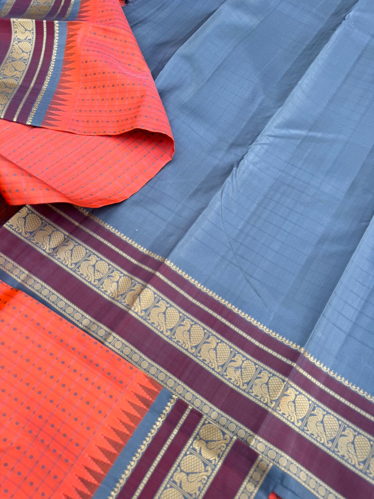 The Best of No Zari Korvai Kanchivaram - peach and grey lakshadeepam with annapakshi woven borders, the best creation of no Zari Kanchivaram