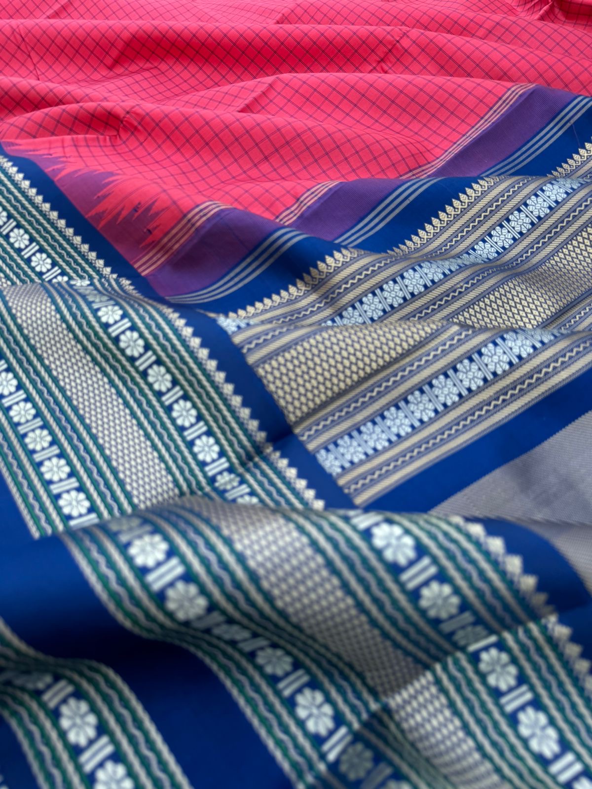 The Best of No Zari Korvai Kanchivaram - stunning pink and ink blue with gorgeous silk woven grand broad borders