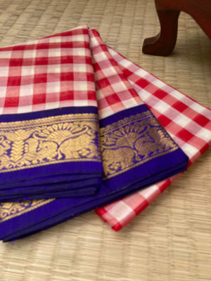 Paalum Palamum Kattams Korvai Silk Cottons - off white and deep red with deep ink blue