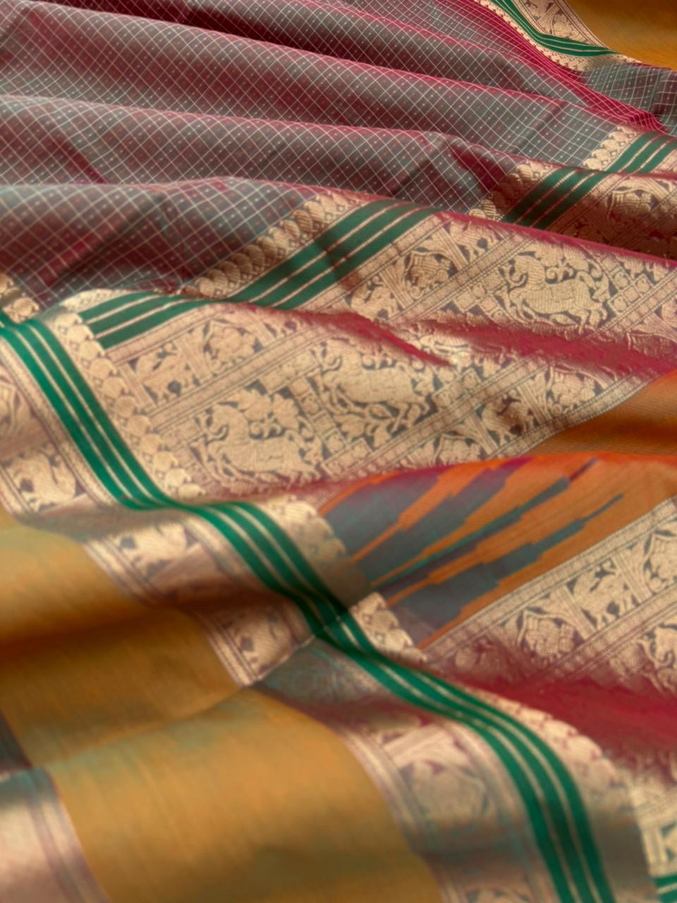 Woven Motifs Silk Cotton - unusual red short green lakshadeepam