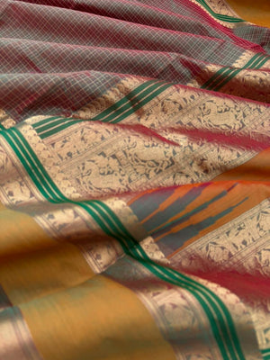 Woven Motifs Silk Cotton - unusual red short green lakshadeepam