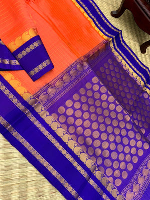 Korvai Silk Cottons -prach orange and ink blue with zari kattam buttas