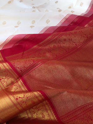 Meenakshi Kalayanam - Authentic Korvai Kanchivarams - one of a kind off white and red witb solid gold zari woven borders and pallu