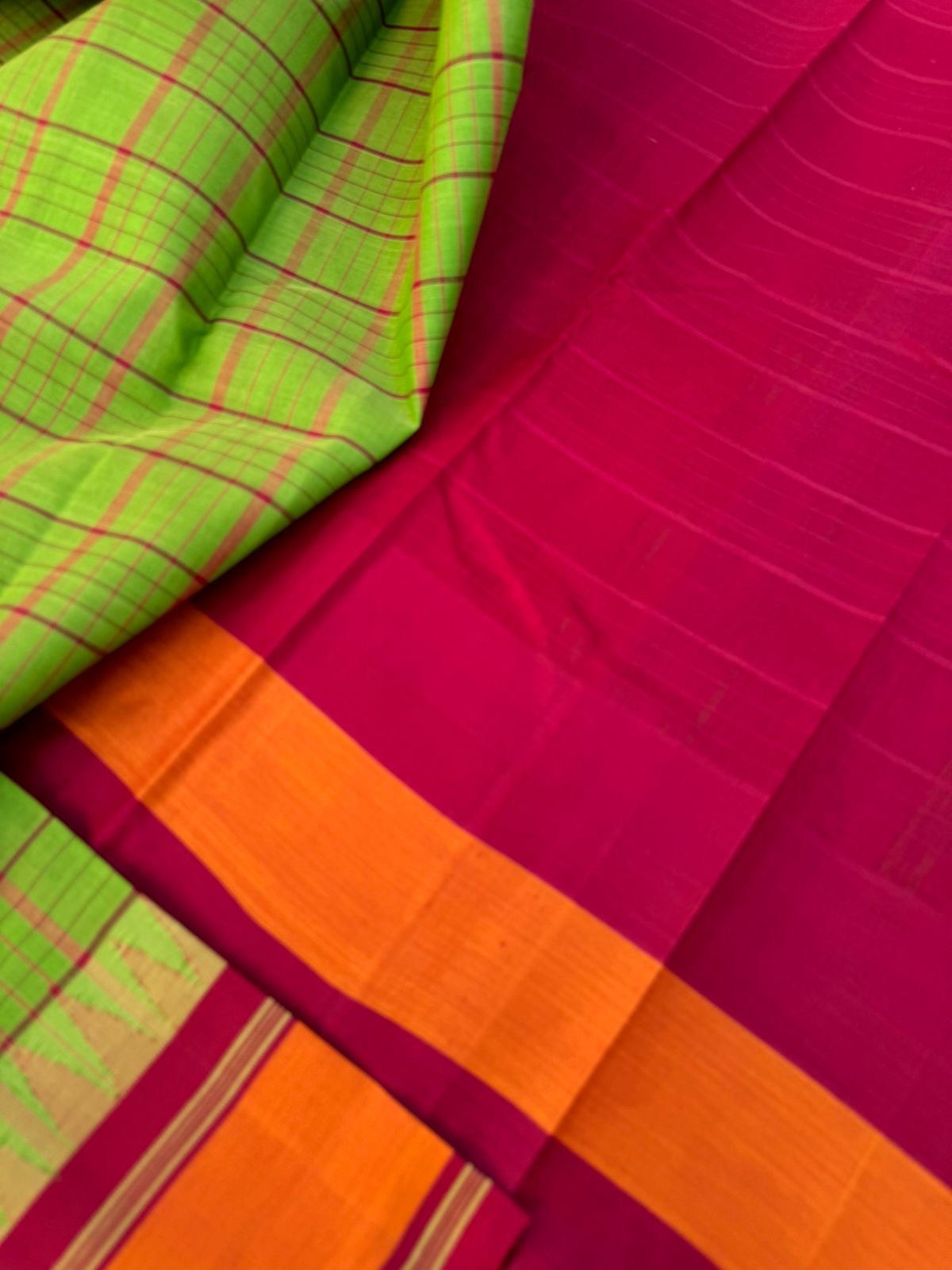 Signature Silk Cotton - green and deep red with burnt orange borders