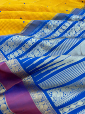 Album Untouched - stunning yellow and blue no zari Korvai Kanchivaram with podi kattam and buttas woven body