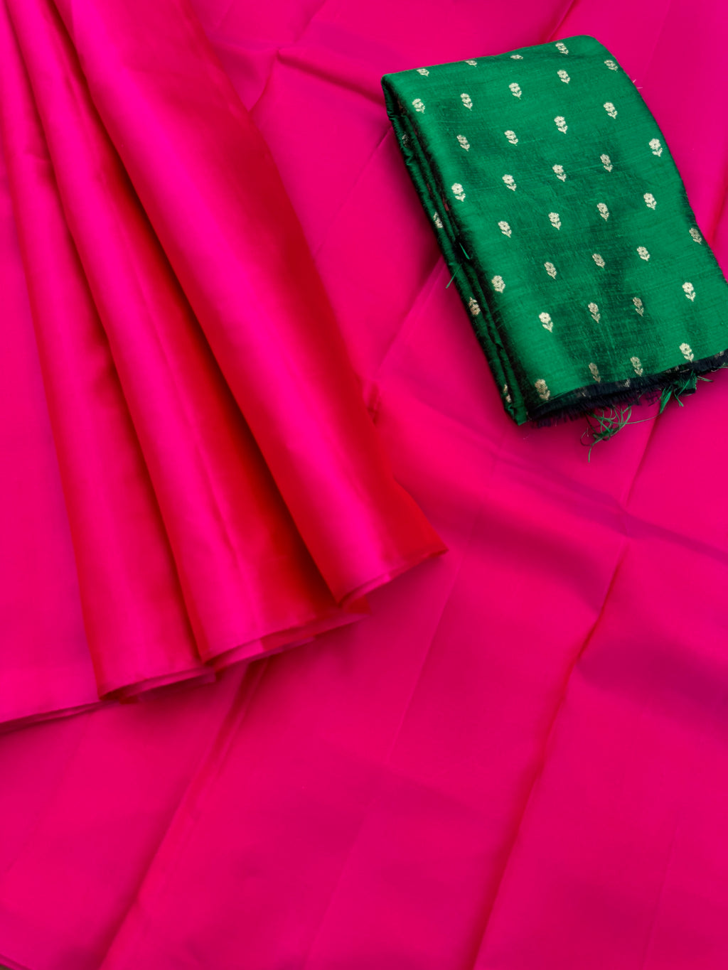 Niram - Celebrating of Full Plain Kanchivaram Silks Paired with Beautiful Blouses - rani pink saree with bottle green raw silk blouse