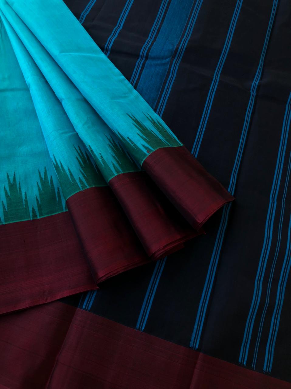 Cotton body with Pure Silk One Side Korvai Borders - teal and maroon with black pallu and blouse