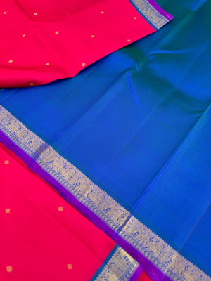Kamakshi - Heirloom Korvai Kanchivaram - most beautiful red pink with peacock blue green pallu and blouse for people who love small borders