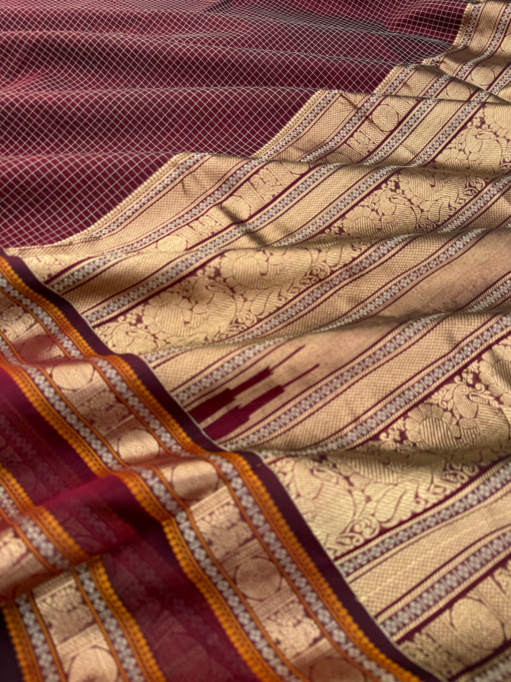 Zari Kissed Silk Cotton - stunning deep maroon podi kattam with retta pett woven borders