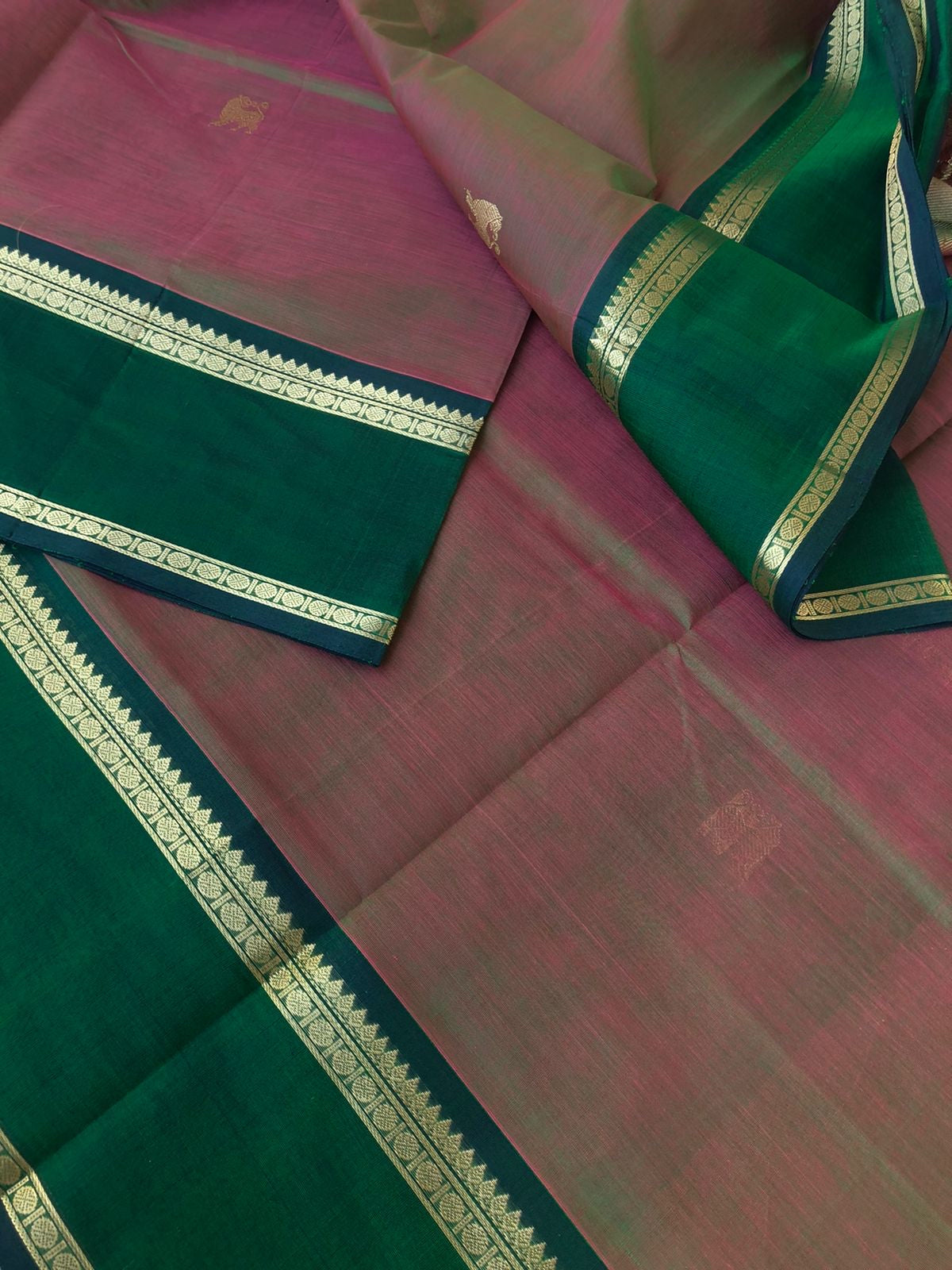 Zari Kissed Silk Cotton - perfect mix of rose pink and green with yali woven buttas
